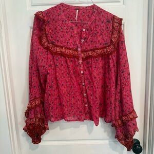 Free People XS Pink Floral Ruffle Blouse Boho Sheer Top LIKE NEW